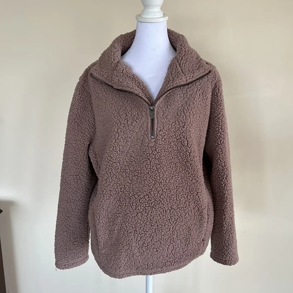 Marc New York Teddy Faux Shearling Fleece Quarter Zip Jacket in Rouge Sz Medium